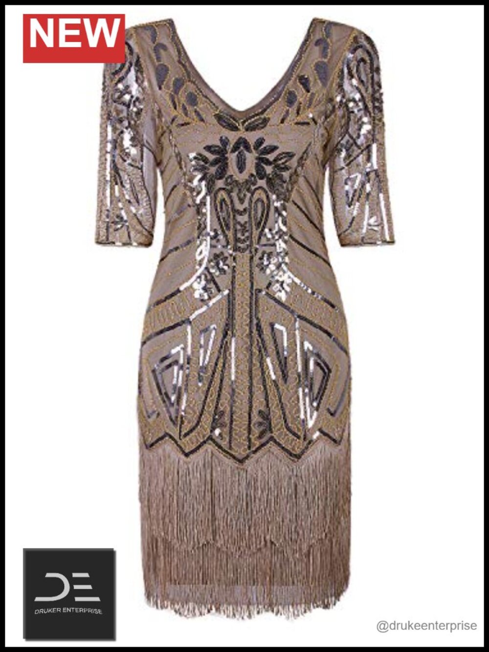 1920s Flapper Dress V Neck Beaded Art Deco Tassel Cocktail Dress